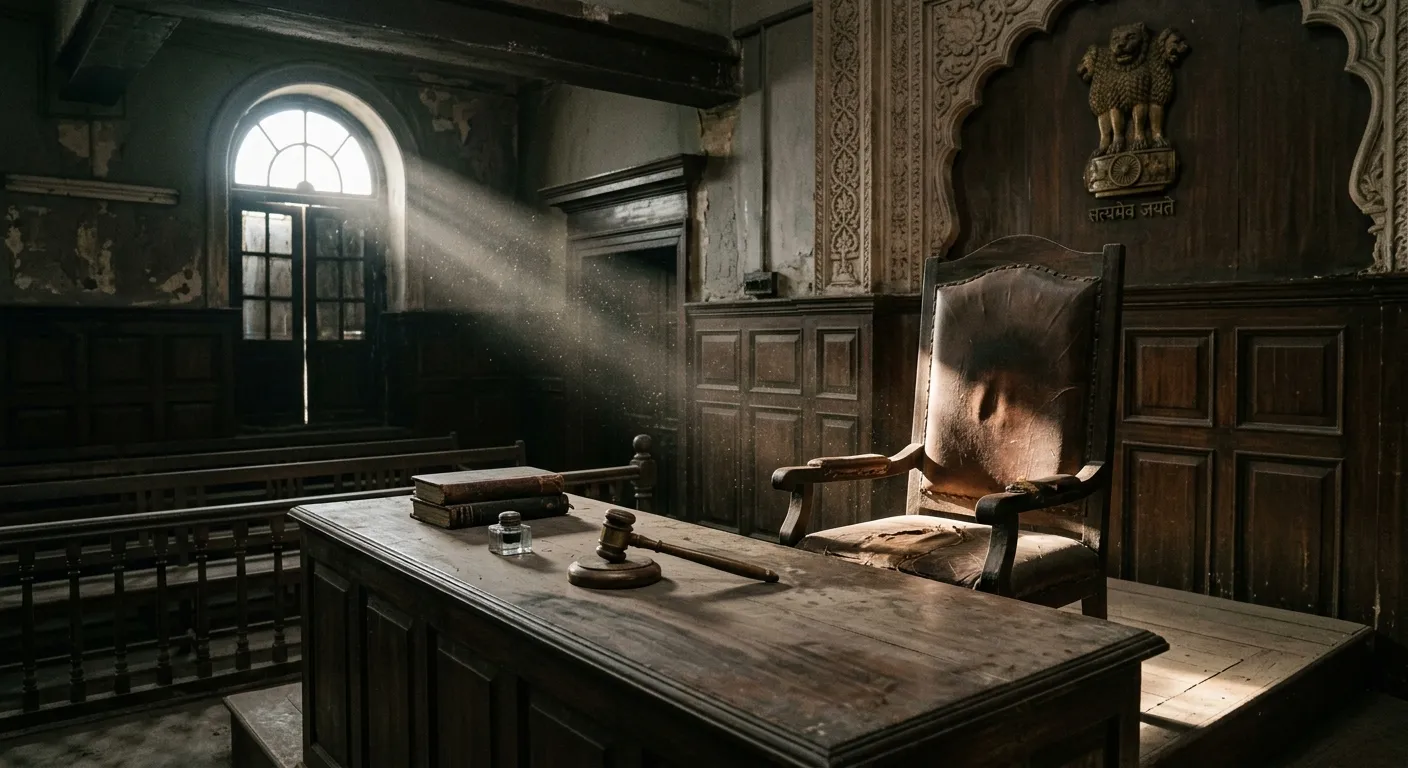 An empty judge's chair in a dimly lit courtroom symbolizing judicial vacancies.