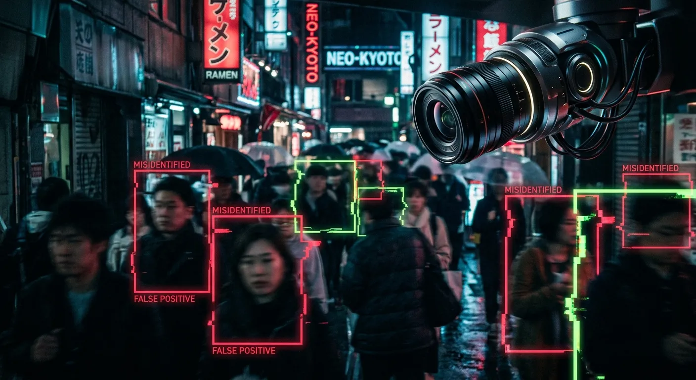Robotic lens scanning a crowd with glitching bounding boxes representing AI false positives