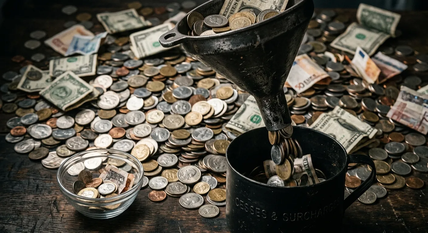Macro shot of wealth being siphoned through a metal funnel