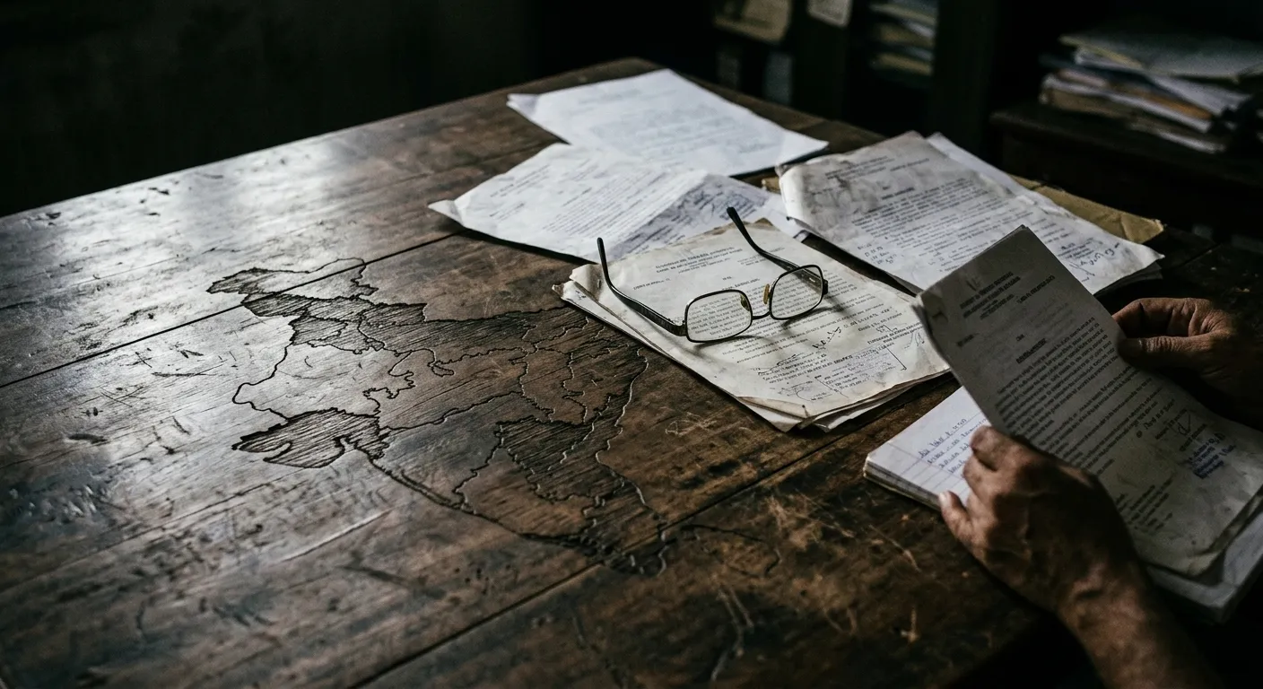 A weathered table with legal documents symbolizing the geographic lottery of justice in India.