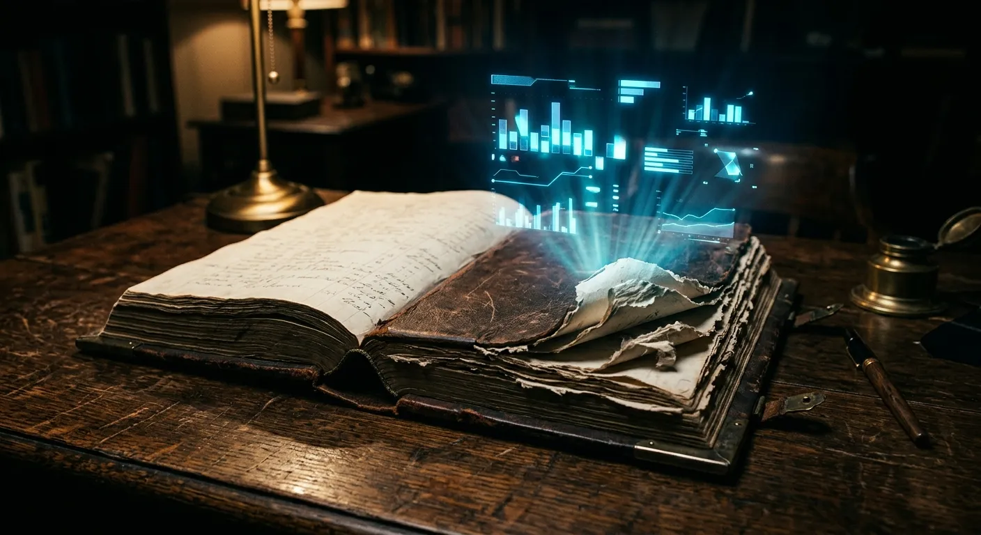 A ledger book with torn pages replaced by glowing digital charts
