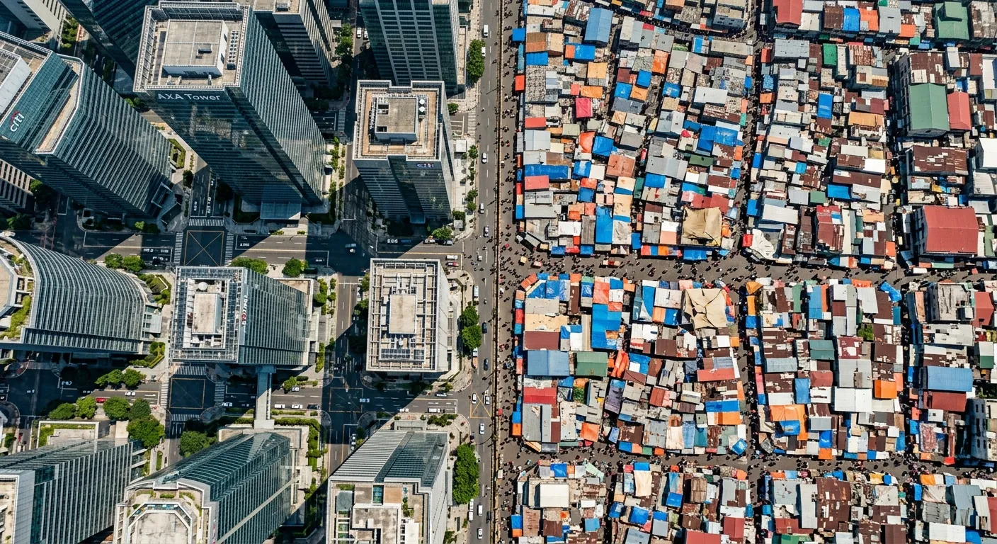 Aerial view contrasting modern glass skyscrapers with a dense informal street market
