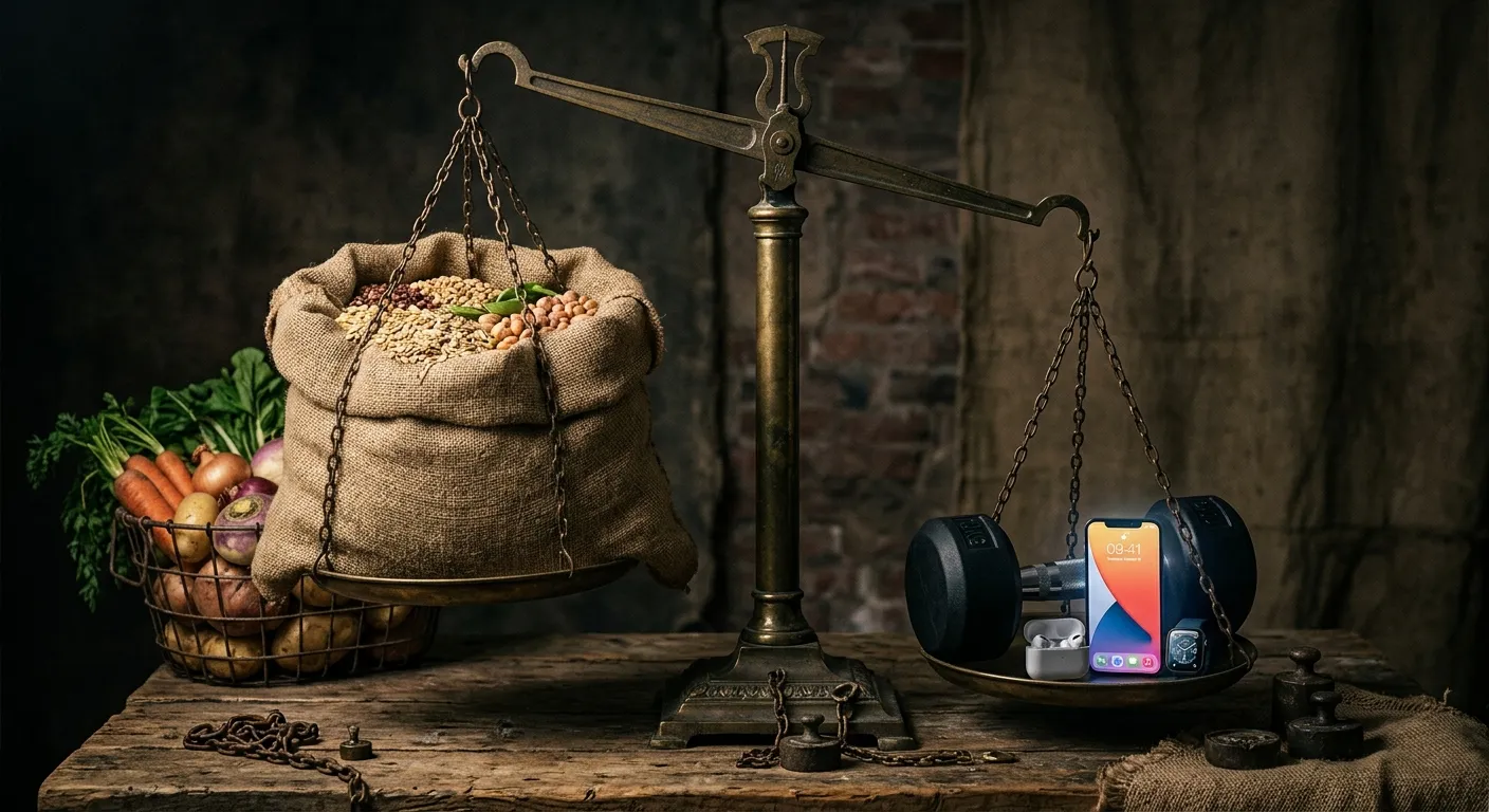 A brass scale weighing modern consumer goods against a massive sack of grains