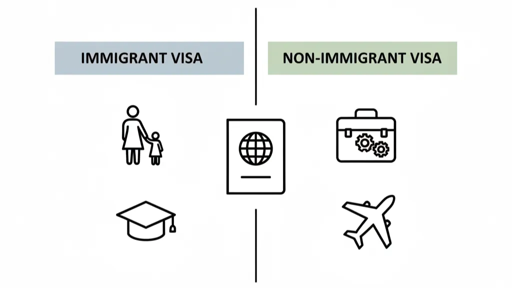 Comparison graphic contrasting immigrant and non-immigrant visas using icons such as passport, briefcase, graduation cap, and airplane.