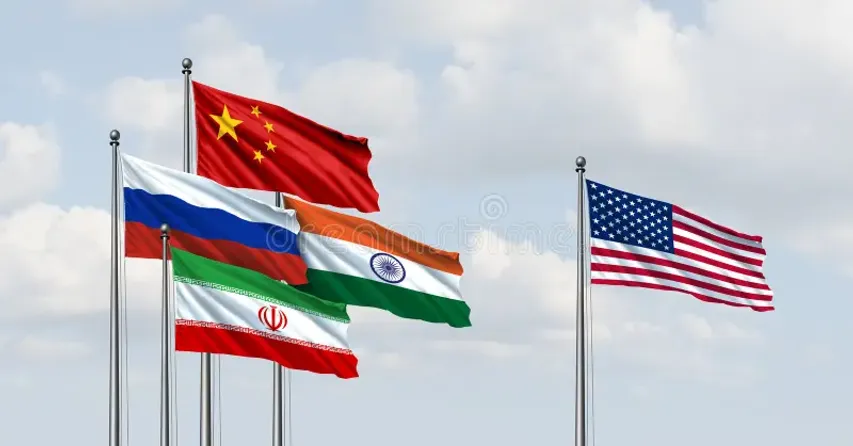 china-russia-india-iran-versus-usa-as-diplomatic-flag-symbols-trade-partnerships-geopolitical-cooperation-as-summit-401256920